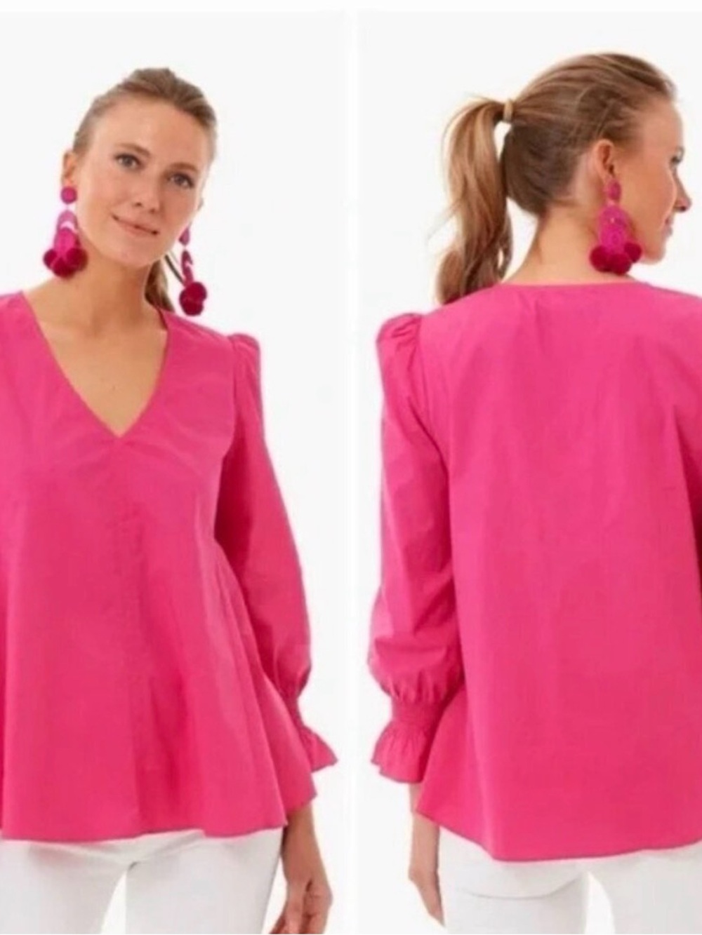Tuckernuck Hot Pink V-Neck Long Sleeve Peplum Top
